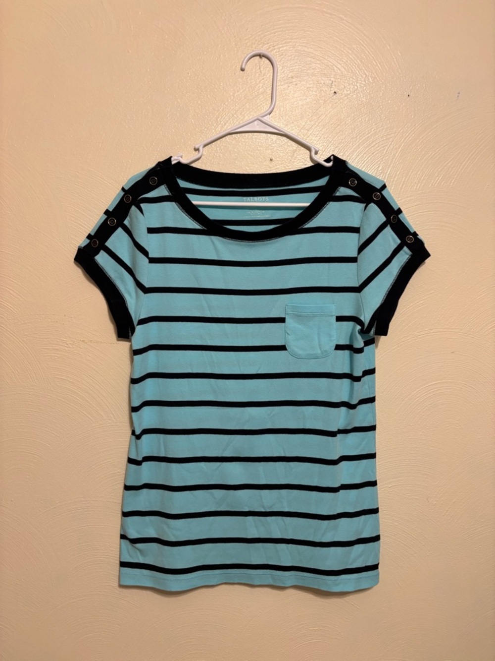 Talbots Striped Weekend Tee Shoulder Button Pocket Top Medium